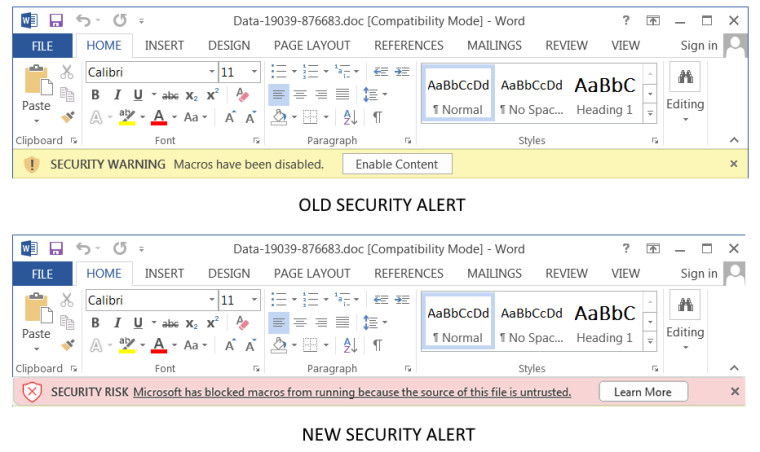 Comparison image of VBA Macros alert old vs new