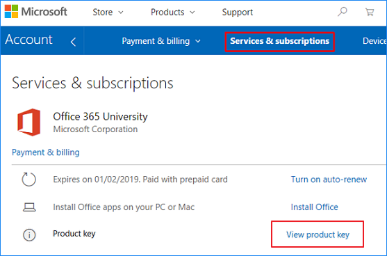 View Office 365 product key from Microsoft service page
